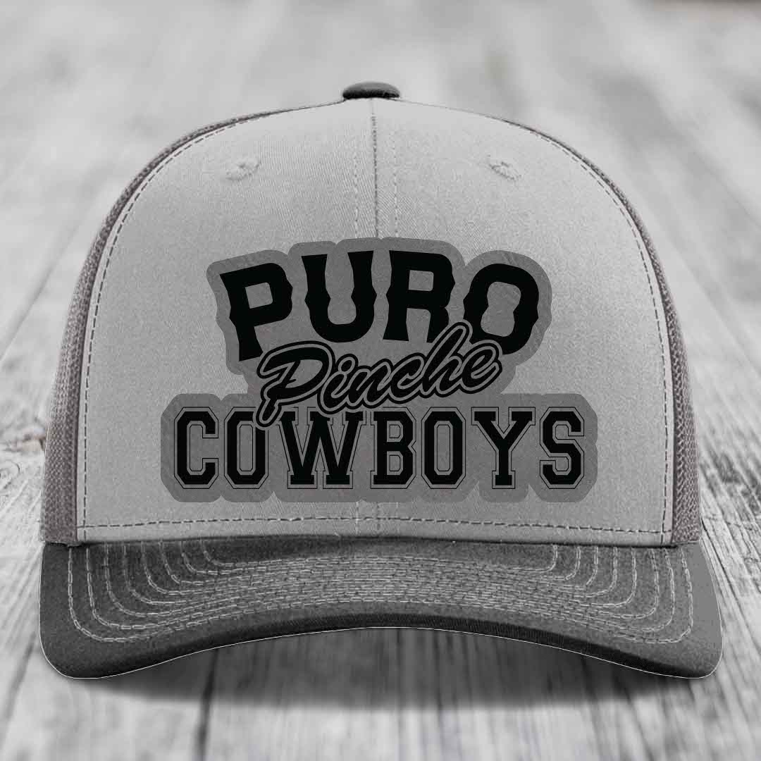 Puro Pinche Cowboys - Leather Patch Hat - Grey to Black Patch - Richardson 112 Snapback Trucker Hat