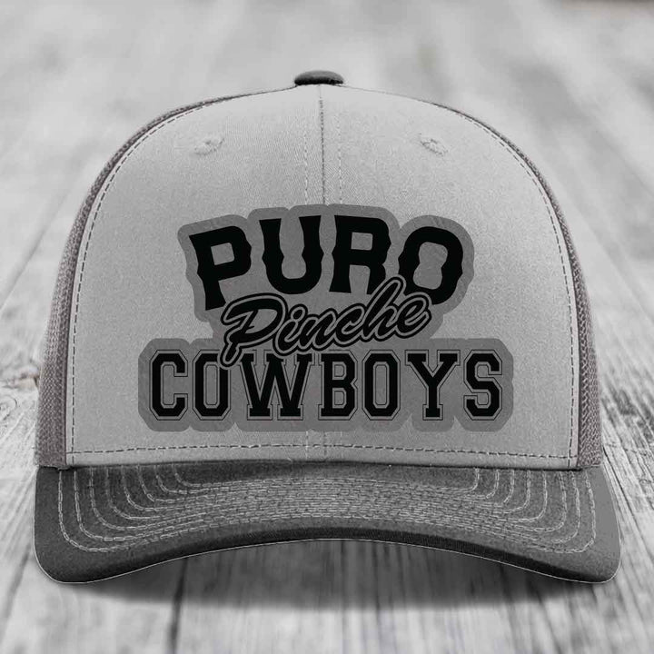 Puro Pinche Cowboys - Leather Patch Hat - Grey to Black Patch - Richardson 112 Snapback Trucker Hat