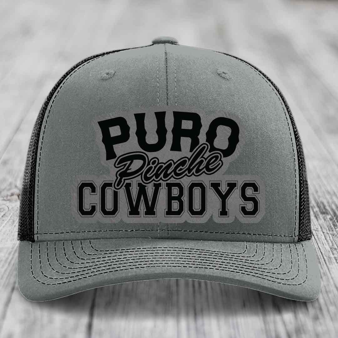 Puro Pinche Cowboys - Leather Patch Hat - Grey to Black Patch - Richardson 112 Snapback Trucker Hat