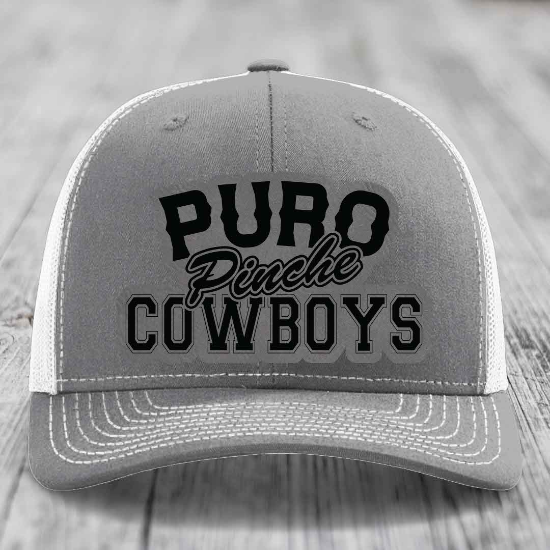 Puro Pinche Cowboys - Leather Patch Hat - Grey to Black Patch - Richardson 112 Snapback Trucker Hat