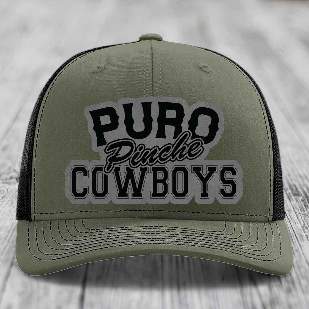 Puro Pinche Cowboys - Leather Patch Hat - Grey to Black Patch - Richardson 112 Snapback Trucker Hat