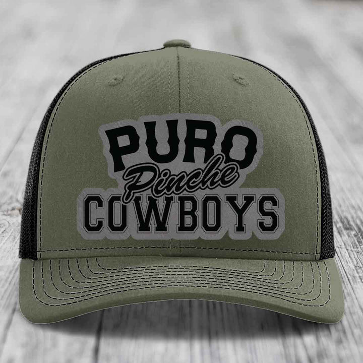 Puro Pinche Cowboys - Leather Patch Hat - Grey to Black Patch - Richardson 112 Snapback Trucker Hat