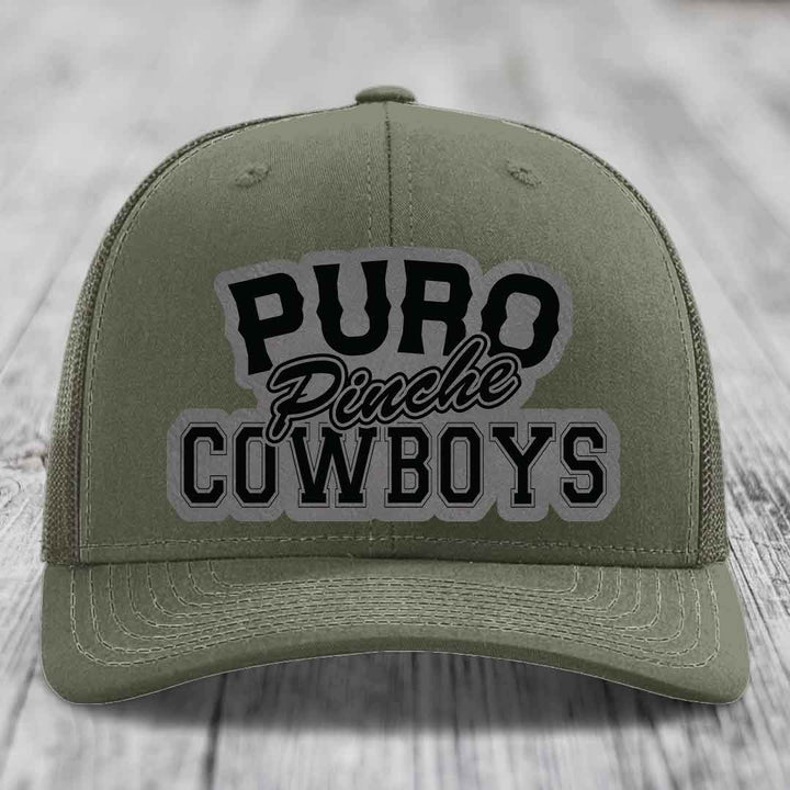 Puro Pinche Cowboys - Leather Patch Hat - Grey to Black Patch - Richardson 112 Snapback Trucker Hat
