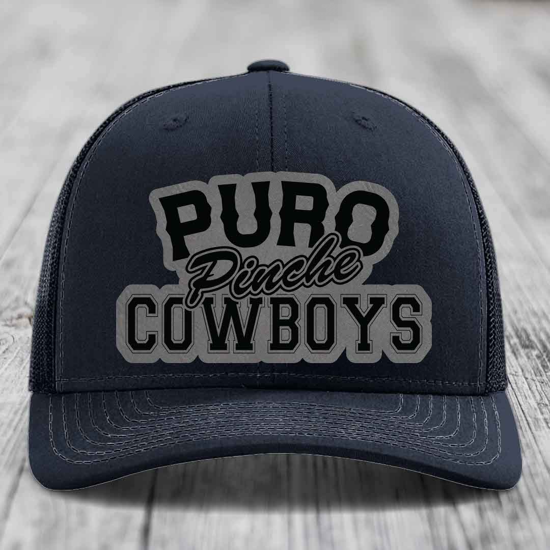 Puro Pinche Cowboys - Leather Patch Hat - Grey to Black Patch - Richardson 112 Snapback Trucker Hat