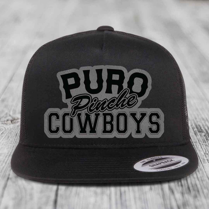 Puro Pinche Cowboys - Leather Patch Hat - Grey to Black Patch - Yupoong 6006 Snapback Flatbill Hat