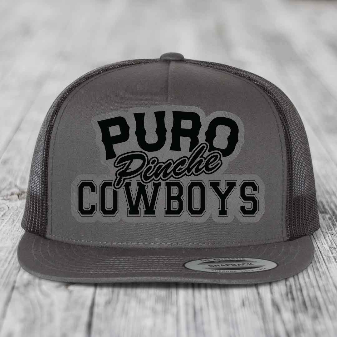 Puro Pinche Cowboys - Leather Patch Hat - Grey to Black Patch - Yupoong 6006 Snapback Flatbill Hat