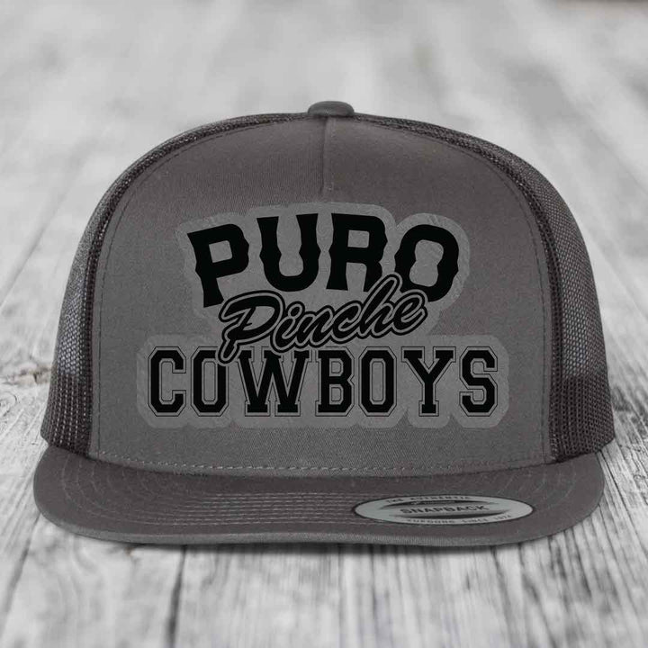 Puro Pinche Cowboys - Leather Patch Hat - Grey to Black Patch - Yupoong 6006 Snapback Flatbill Hat