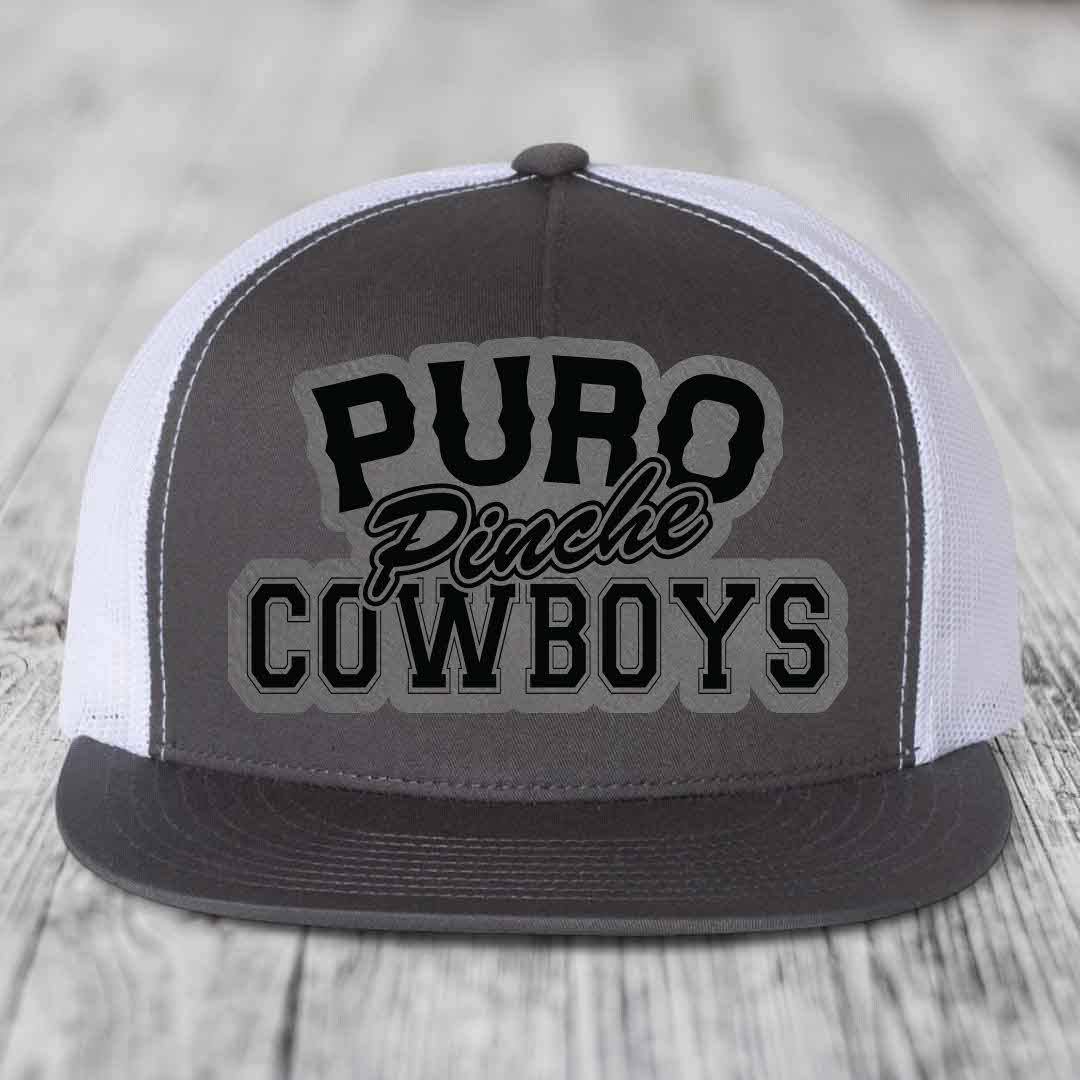 Puro Pinche Cowboys - Leather Patch Hat - Grey to Black Patch - Yupoong 6006 Snapback Flatbill Hat