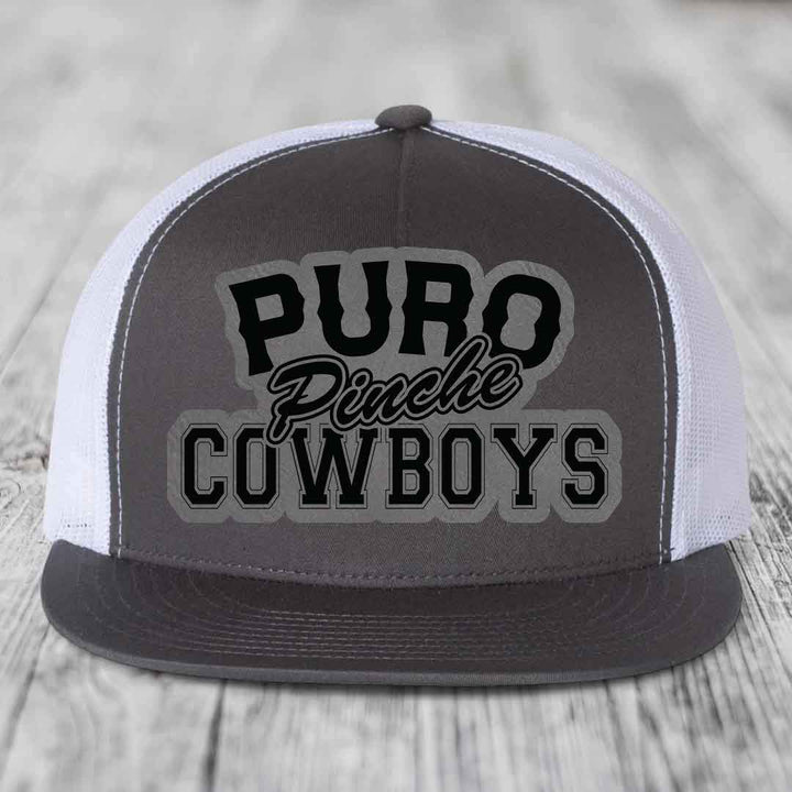 Puro Pinche Cowboys - Leather Patch Hat - Grey to Black Patch - Yupoong 6006 Snapback Flatbill Hat