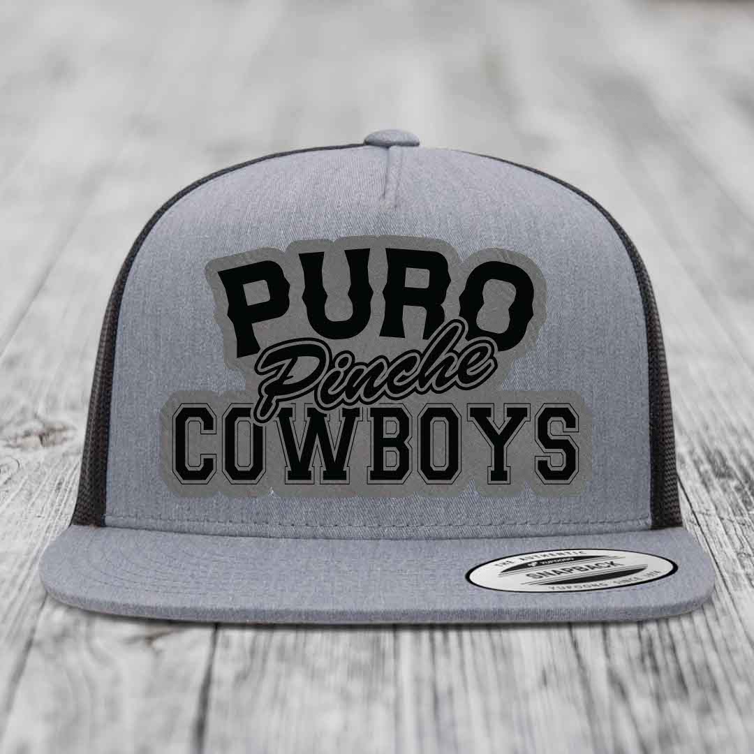 Puro Pinche Cowboys - Leather Patch Hat - Grey to Black Patch - Yupoong 6006 Snapback Flatbill Hat