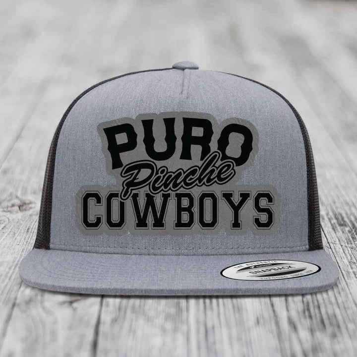 Puro Pinche Cowboys - Leather Patch Hat - Grey to Black Patch - Yupoong 6006 Snapback Flatbill Hat