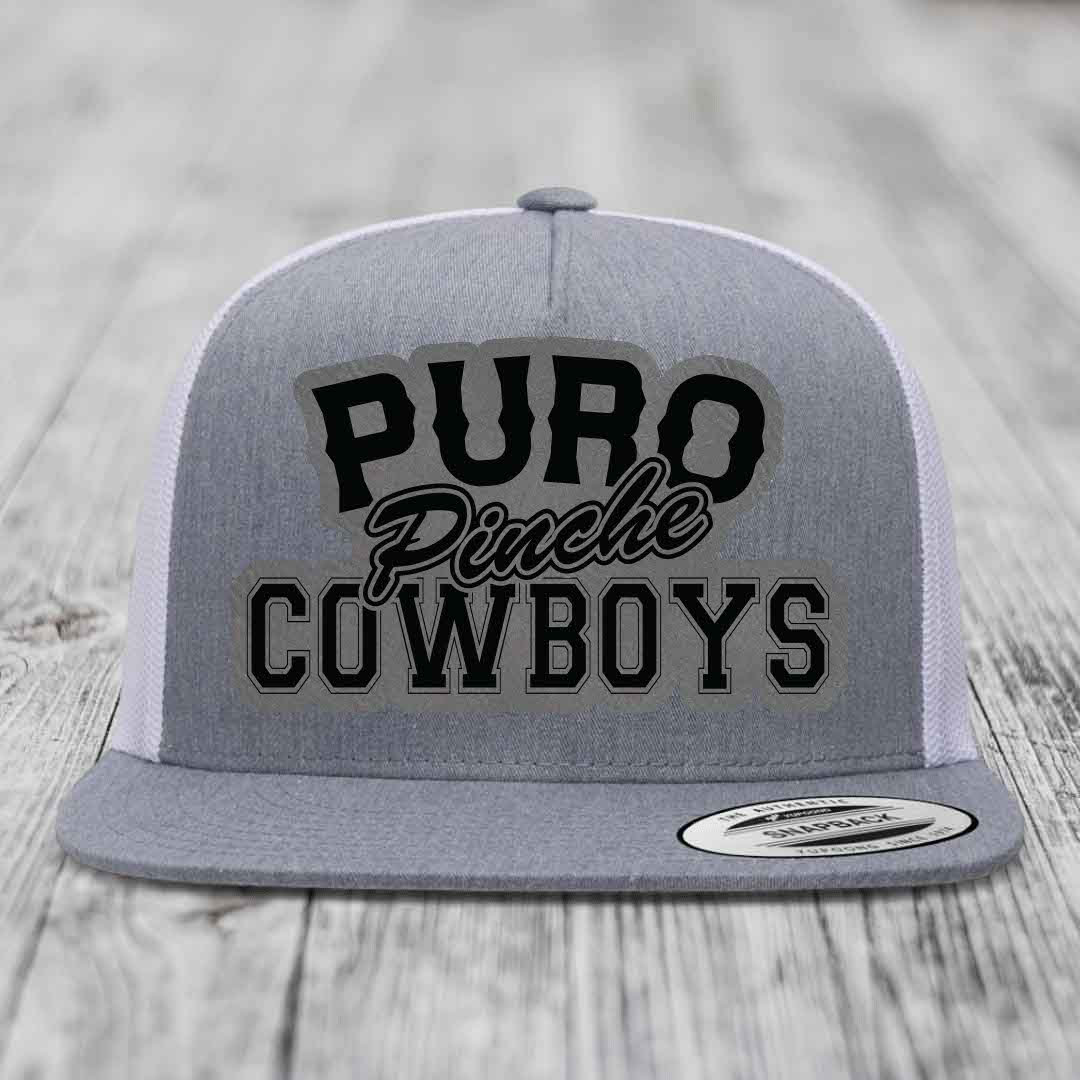 Puro Pinche Cowboys - Leather Patch Hat - Grey to Black Patch - Yupoong 6006 Snapback Flatbill Hat