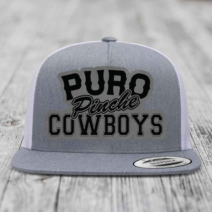 Puro Pinche Cowboys - Leather Patch Hat - Grey to Black Patch - Yupoong 6006 Snapback Flatbill Hat