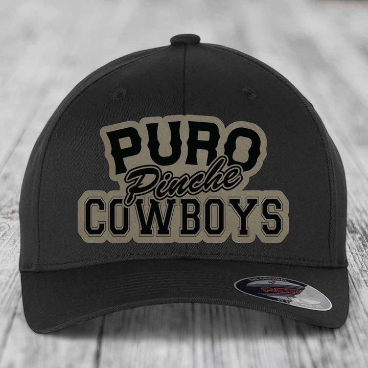 Puro Pinche Cowboys - Leather Patch Hat - Light Brown to Black Patch - Flexfit 6277 Fitted Hat