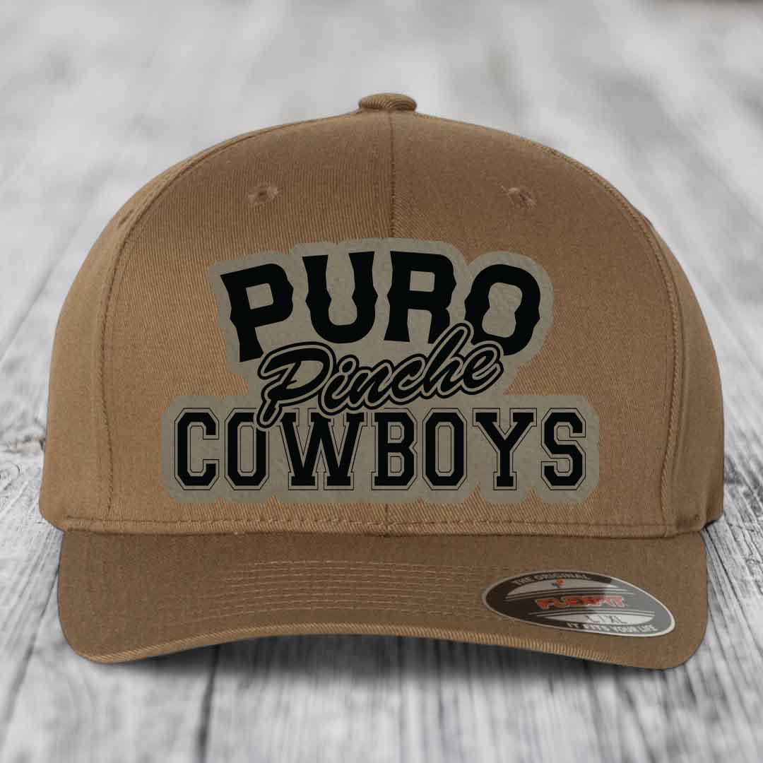 Puro Pinche Cowboys - Leather Patch Hat - Light Brown to Black Patch - Flexfit 6277 Fitted Hat