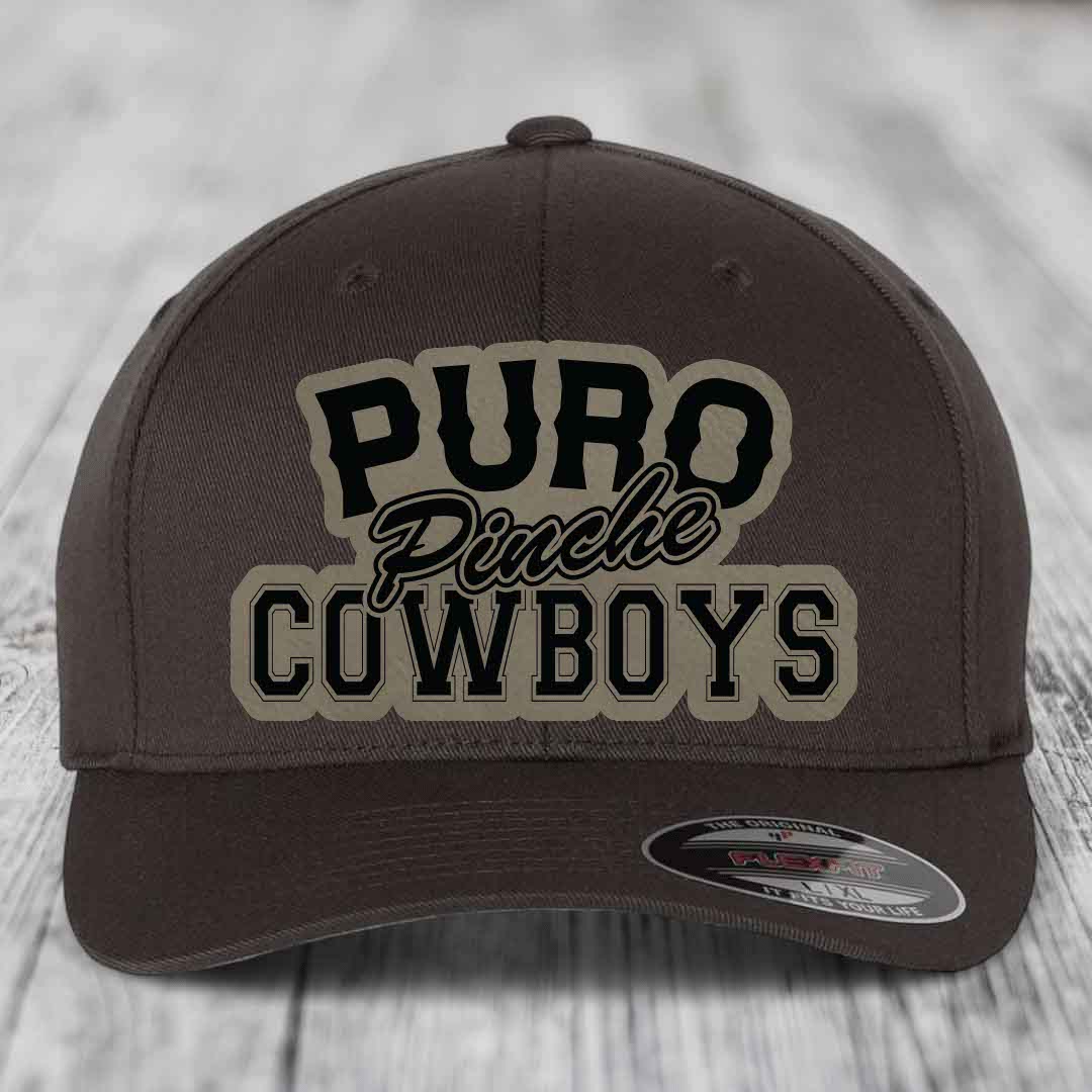 Puro Pinche Cowboys - Leather Patch Hat - Light Brown to Black Patch - Flexfit 6277 Fitted Hat