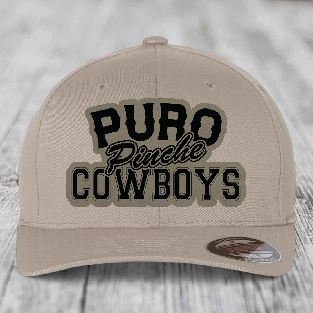 Puro Pinche Cowboys - Leather Patch Hat - Light Brown to Black Patch - Flexfit 6277 Fitted Hat