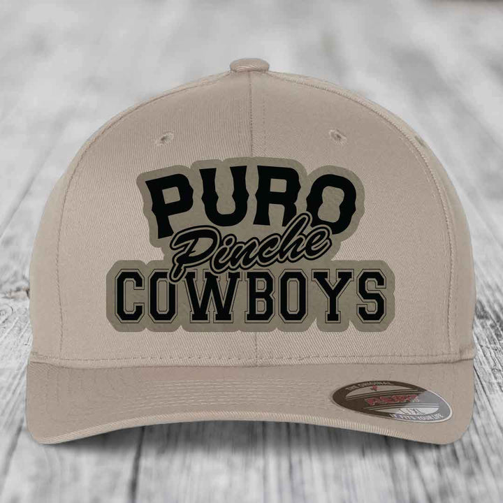 Puro Pinche Cowboys - Leather Patch Hat - Light Brown to Black Patch - Flexfit 6277 Fitted Hat