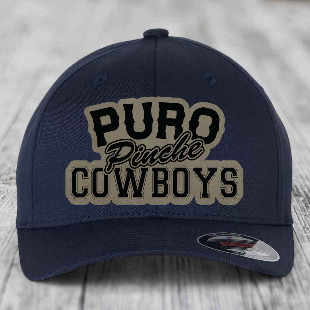 Puro Pinche Cowboys - Leather Patch Hat - Light Brown to Black Patch - Flexfit 6277 Fitted Hat