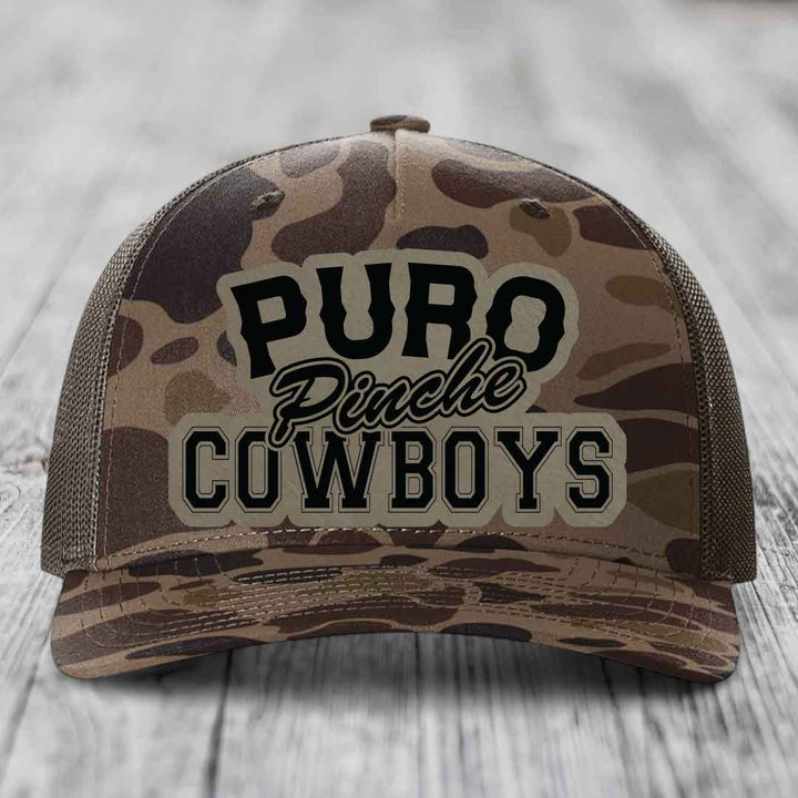 Puro Pinche Cowboys - Leather Patch Hat - Light Brown to Black Patch - Richardson 112PFP Snapback Trucker Hat