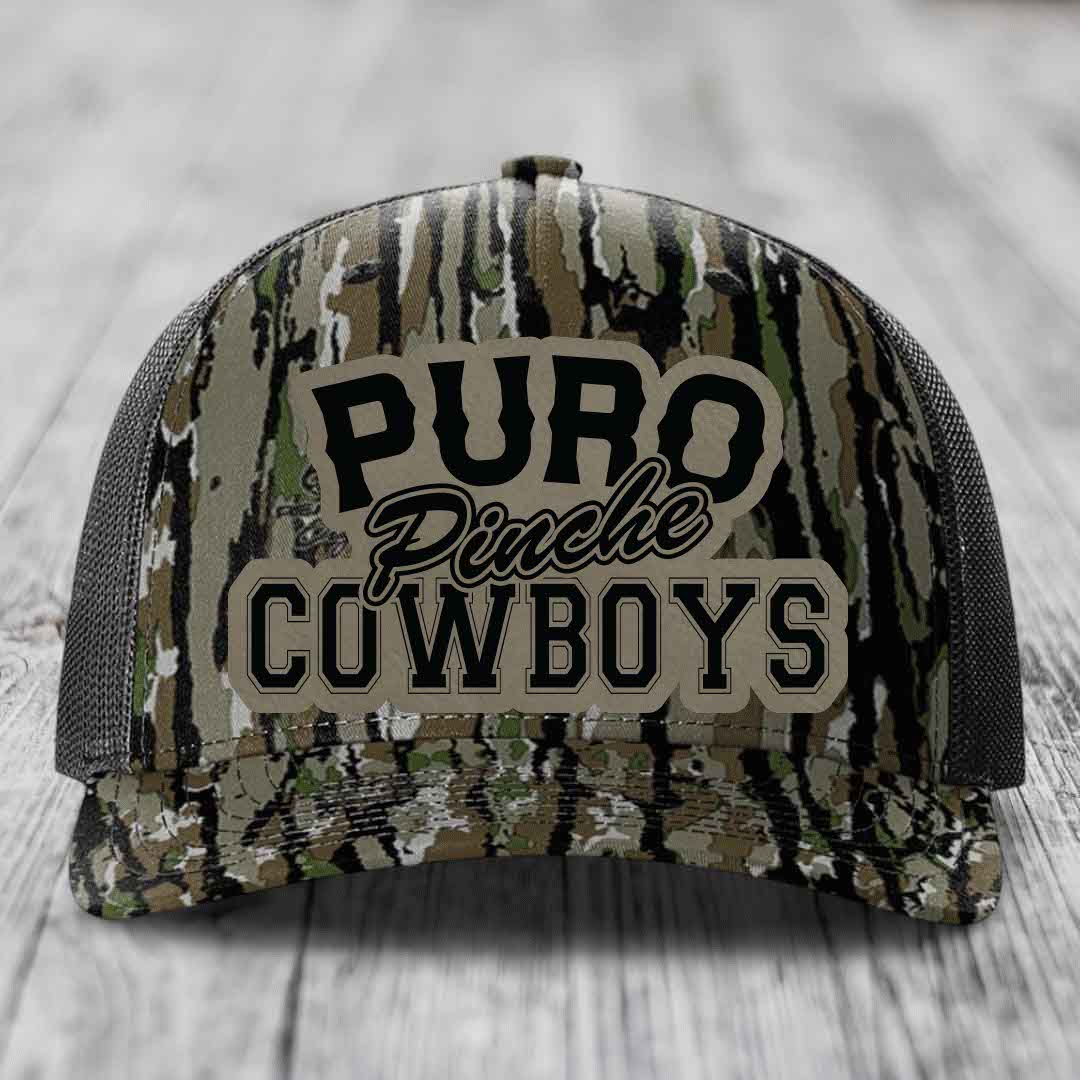 Puro Pinche Cowboys - Leather Patch Hat - Light Brown to Black Patch - Richardson 112PFP Snapback Trucker Hat