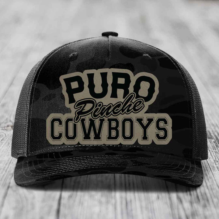 Puro Pinche Cowboys - Leather Patch Hat - Light Brown to Black Patch - Richardson 112PFP Snapback Trucker Hat