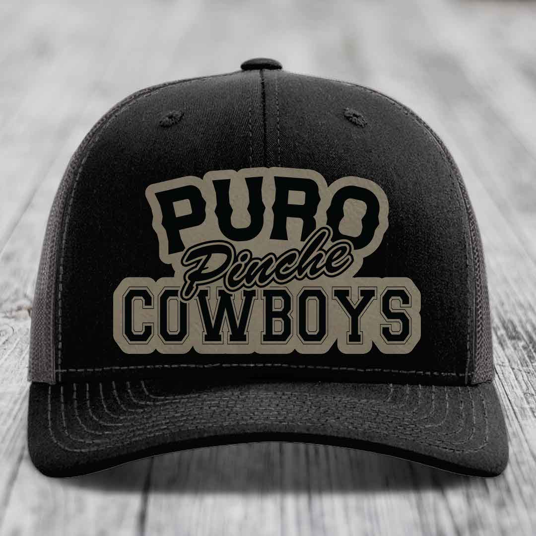 Puro Pinche Cowboys - Leather Patch Hat - Light Brown to Black Patch - Richardson 112 Snapback Trucker Hat