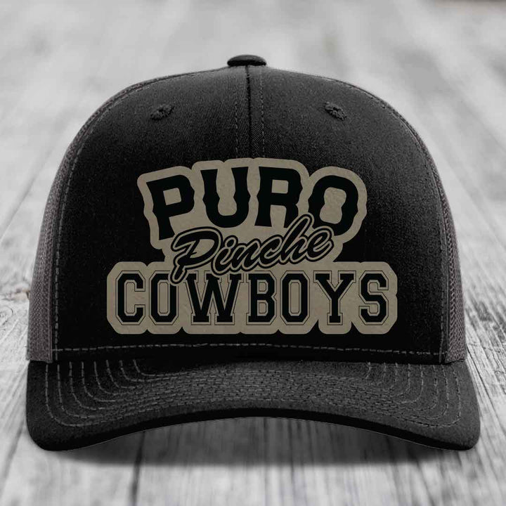 Puro Pinche Cowboys - Leather Patch Hat - Light Brown to Black Patch - Richardson 112 Snapback Trucker Hat