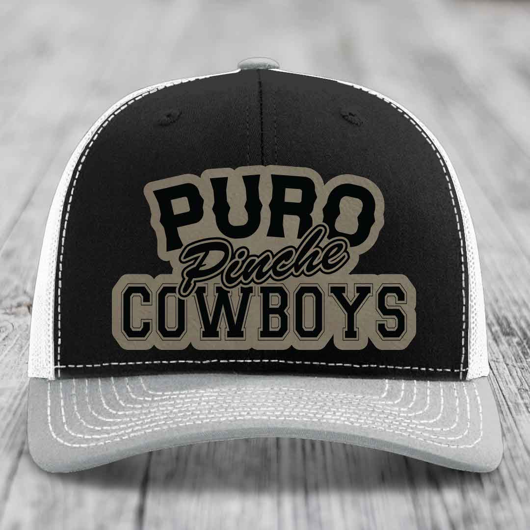 Puro Pinche Cowboys - Leather Patch Hat - Light Brown to Black Patch - Richardson 112 Snapback Trucker Hat