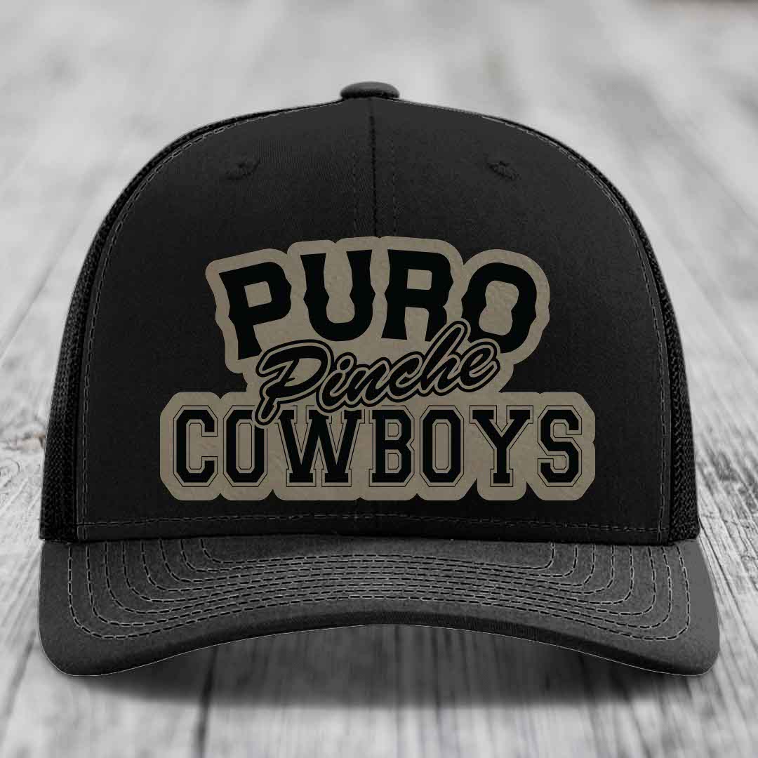 Puro Pinche Cowboys - Leather Patch Hat - Light Brown to Black Patch - Richardson 112 Snapback Trucker Hat