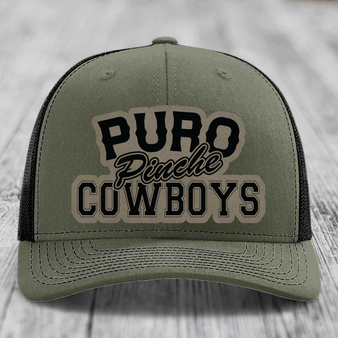 Puro Pinche Cowboys - Leather Patch Hat - Light Brown to Black Patch - Richardson 112 Snapback Trucker Hat