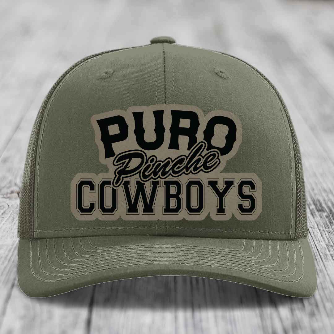 Puro Pinche Cowboys - Leather Patch Hat - Light Brown to Black Patch - Richardson 112 Snapback Trucker Hat