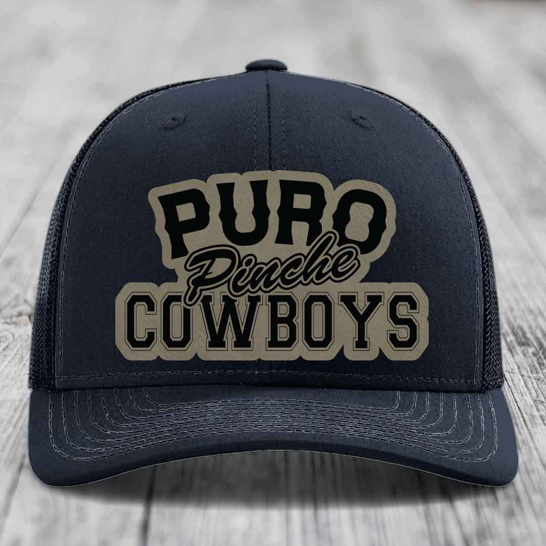 Puro Pinche Cowboys - Leather Patch Hat - Light Brown to Black Patch - Richardson 112 Snapback Trucker Hat