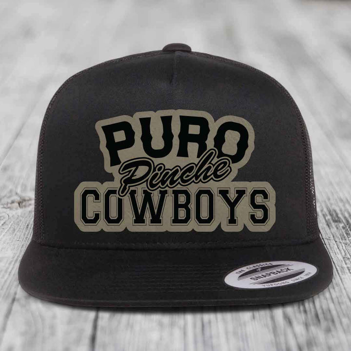 Puro Pinche Cowboys - Leather Patch Hat - Light Brown to Black Patch - Yupoong 6006 Snapback Flatbill Hat