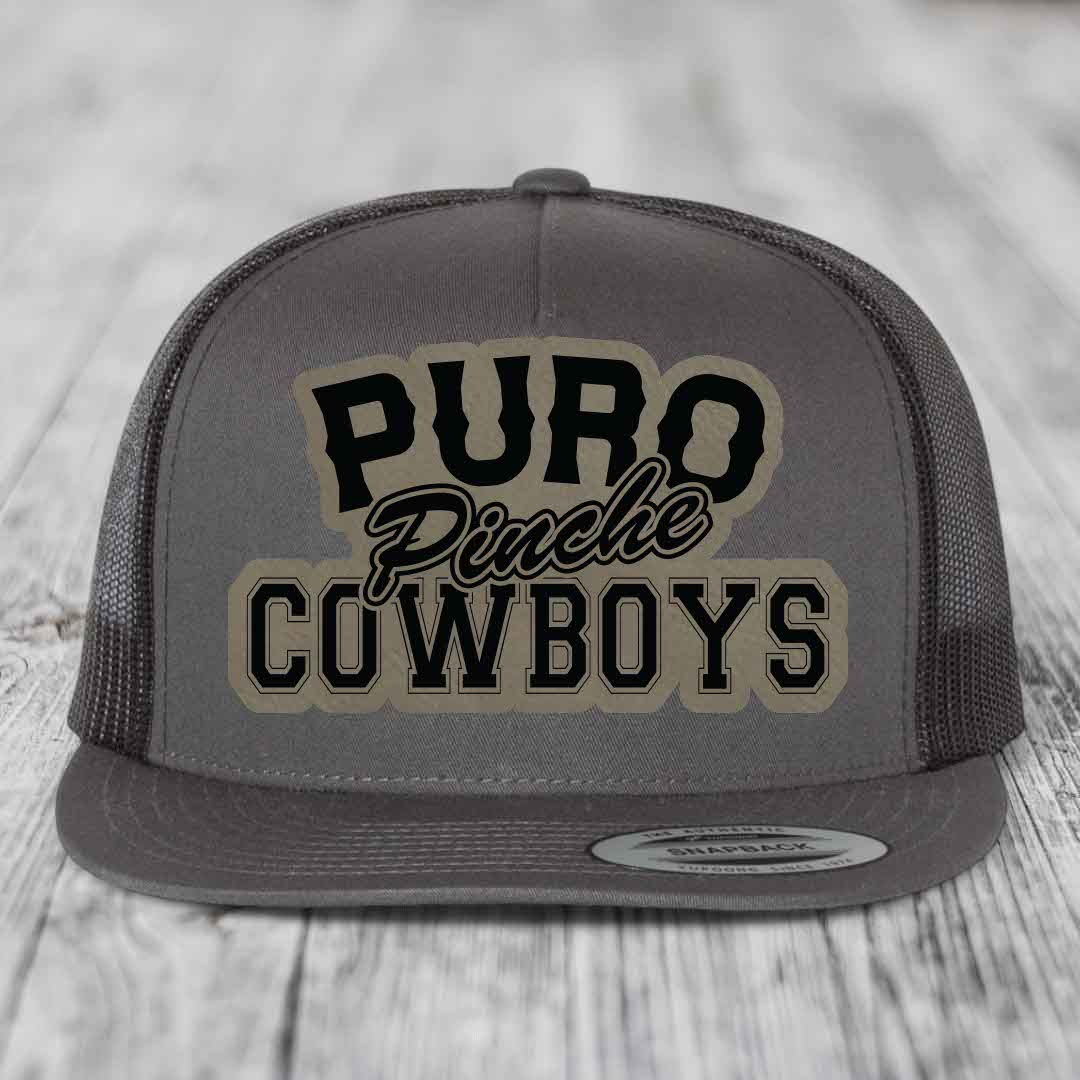 Puro Pinche Cowboys - Leather Patch Hat - Light Brown to Black Patch - Yupoong 6006 Snapback Flatbill Hat