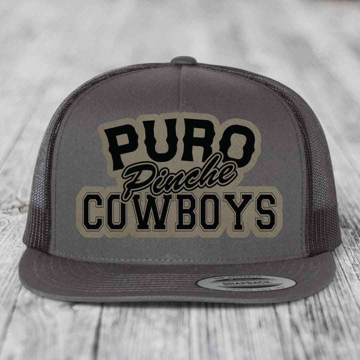 Puro Pinche Cowboys - Leather Patch Hat - Light Brown to Black Patch - Yupoong 6006 Snapback Flatbill Hat