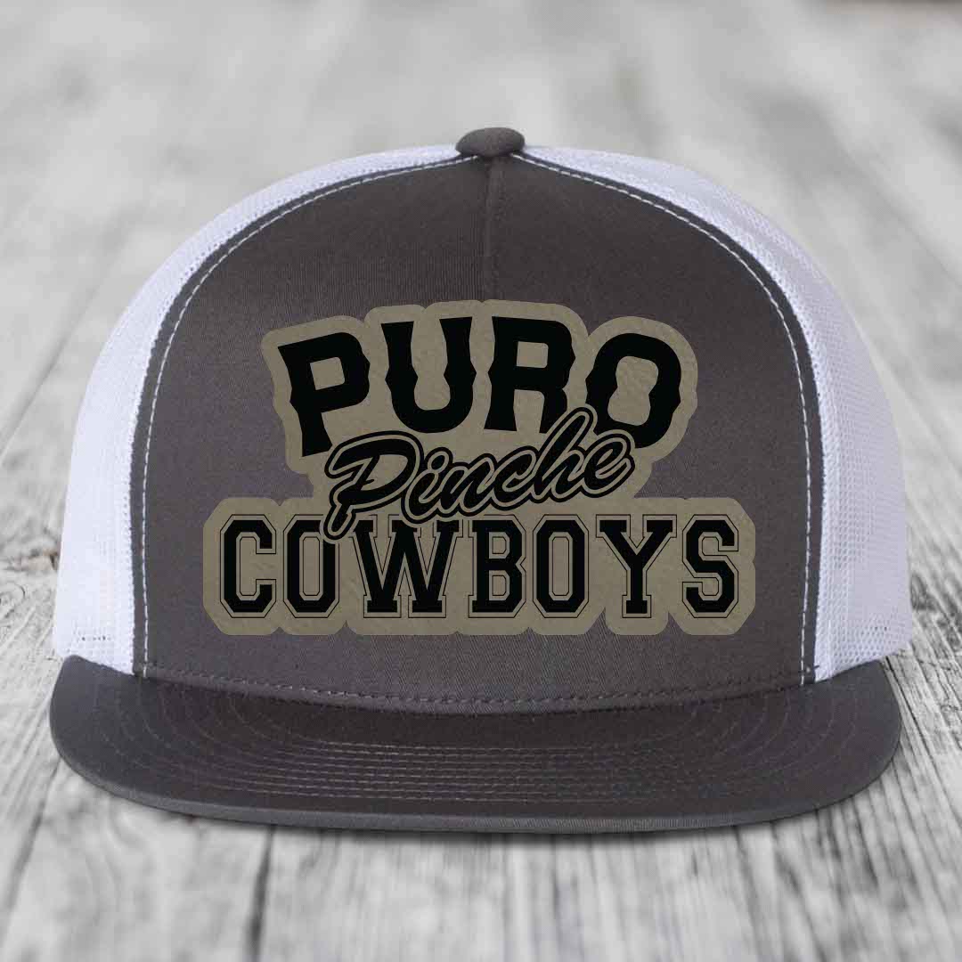 Puro Pinche Cowboys - Leather Patch Hat - Light Brown to Black Patch - Yupoong 6006 Snapback Flatbill Hat