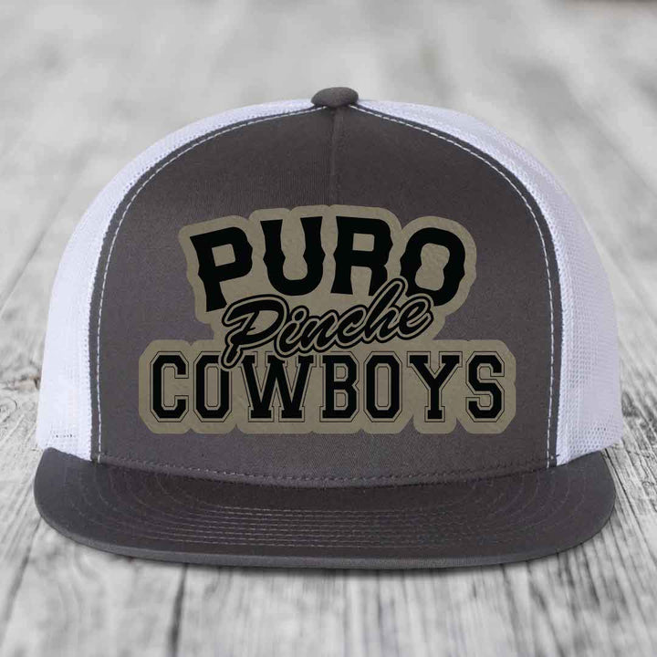 Puro Pinche Cowboys - Leather Patch Hat - Light Brown to Black Patch - Yupoong 6006 Snapback Flatbill Hat