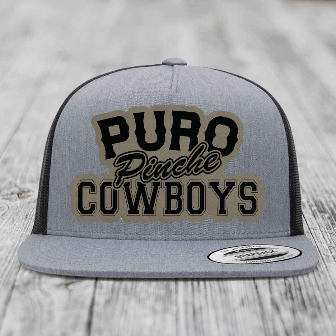Puro Pinche Cowboys - Leather Patch Hat - Light Brown to Black Patch - Yupoong 6006 Snapback Flatbill Hat
