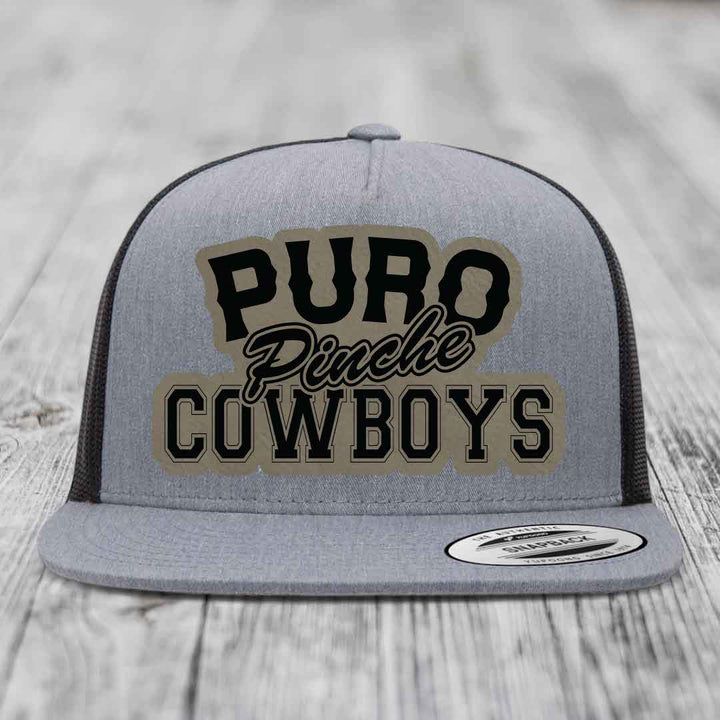 Puro Pinche Cowboys - Leather Patch Hat - Light Brown to Black Patch - Yupoong 6006 Snapback Flatbill Hat