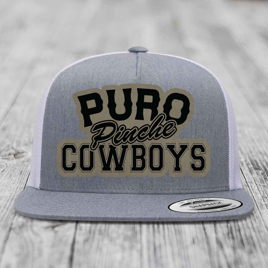 Puro Pinche Cowboys - Leather Patch Hat - Light Brown to Black Patch - Yupoong 6006 Snapback Flatbill Hat