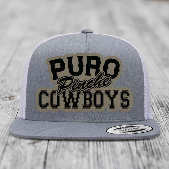 Puro Pinche Cowboys - Leather Patch Hat - Light Brown to Black Patch - Yupoong 6006 Snapback Flatbill Hat