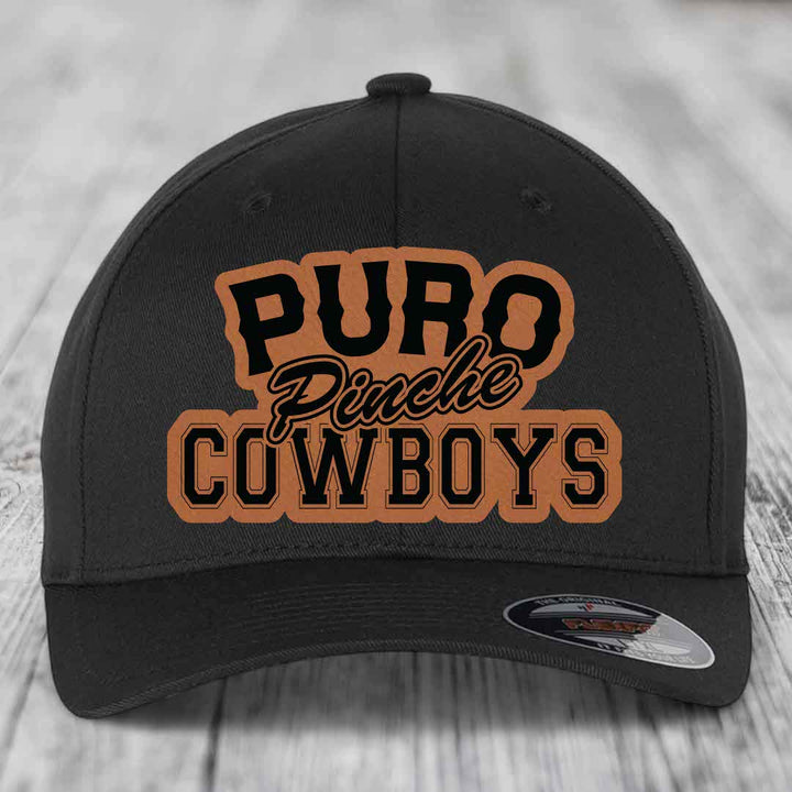 Puro Pinche Cowboys - Leather Patch Hat - Rawhide to Black Patch - Flexfit 6277 Fitted Hat