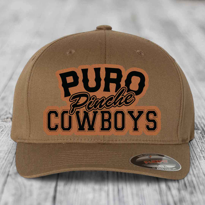 Puro Pinche Cowboys - Leather Patch Hat - Rawhide to Black Patch - Flexfit 6277 Fitted Hat