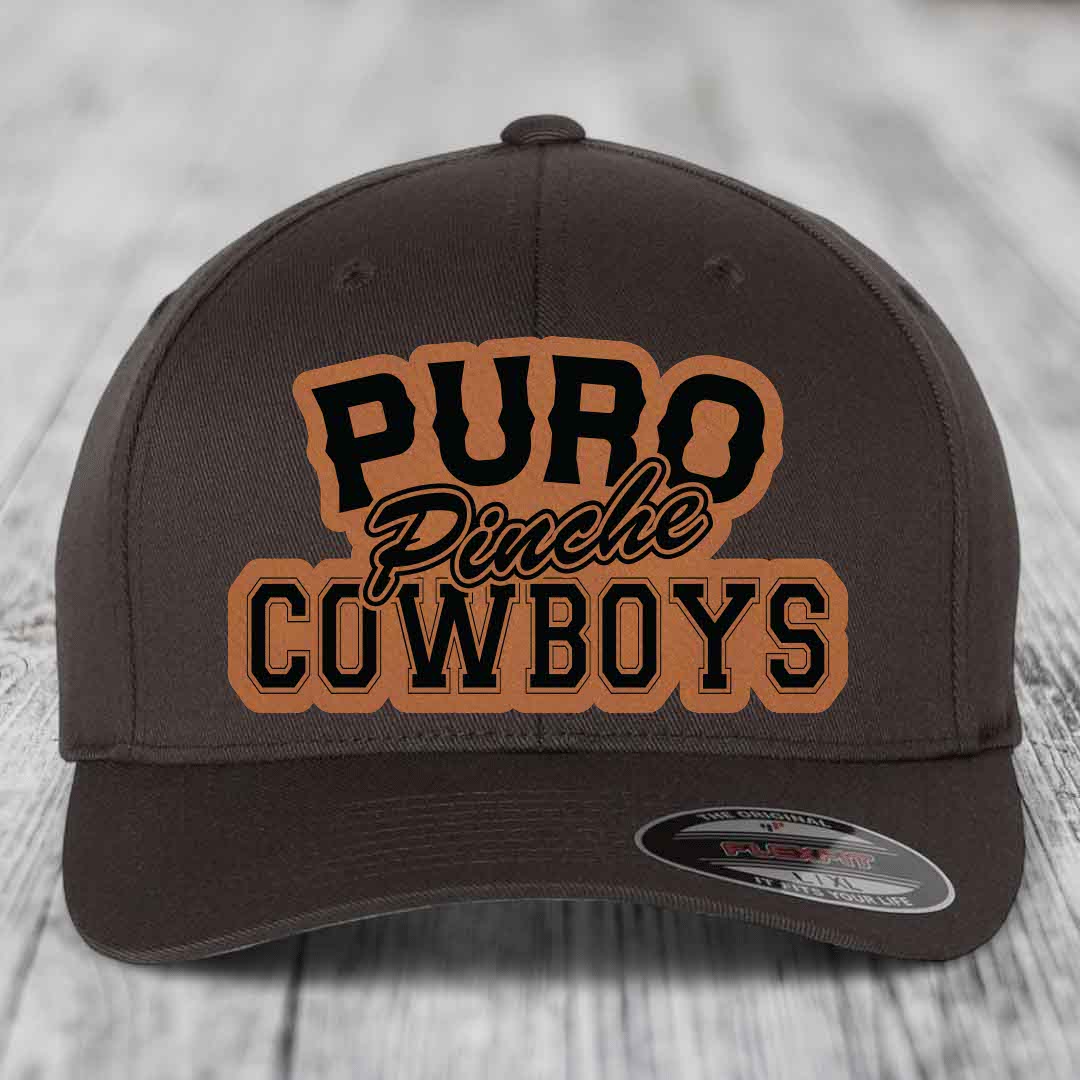 Puro Pinche Cowboys - Leather Patch Hat - Rawhide to Black Patch - Flexfit 6277 Fitted Hat