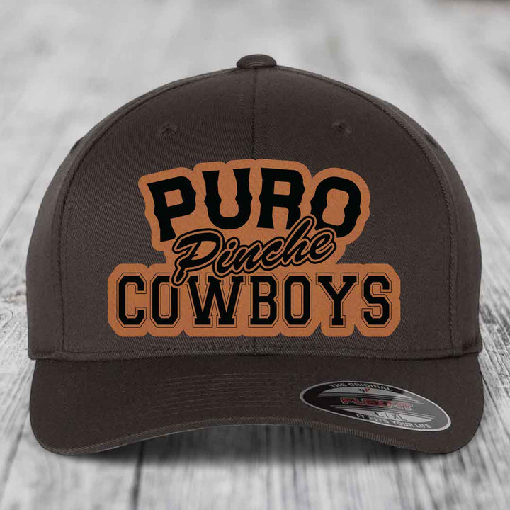 Puro Pinche Cowboys - Leather Patch Hat - Rawhide to Black Patch - Flexfit 6277 Fitted Hat
