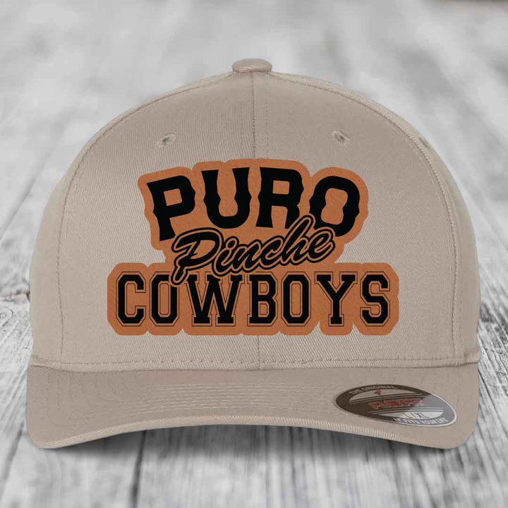 Puro Pinche Cowboys - Leather Patch Hat - Rawhide to Black Patch - Flexfit 6277 Fitted Hat