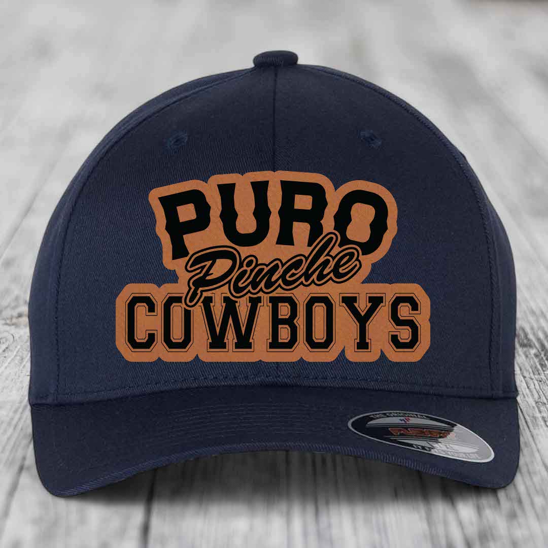 Puro Pinche Cowboys - Leather Patch Hat - Rawhide to Black Patch - Flexfit 6277 Fitted Hat