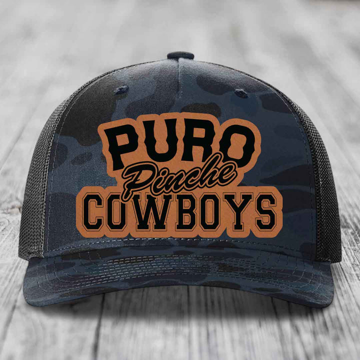 Puro Pinche Cowboys - Leather Patch Hat - Rawhide to Black Patch - Richardson 112PFP Snapback Trucker Hat