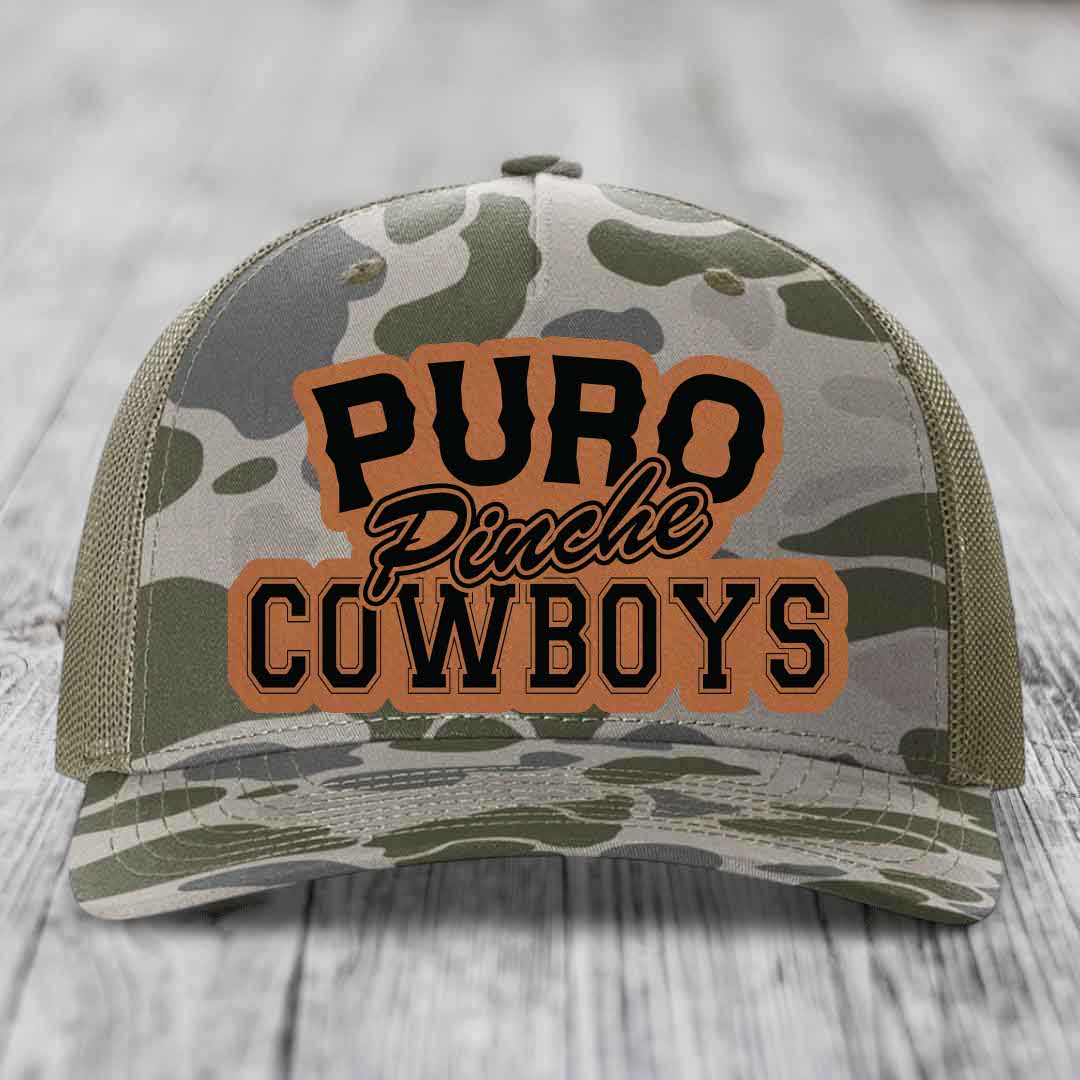 Puro Pinche Cowboys - Leather Patch Hat - Rawhide to Black Patch - Richardson 112PFP Snapback Trucker Hat